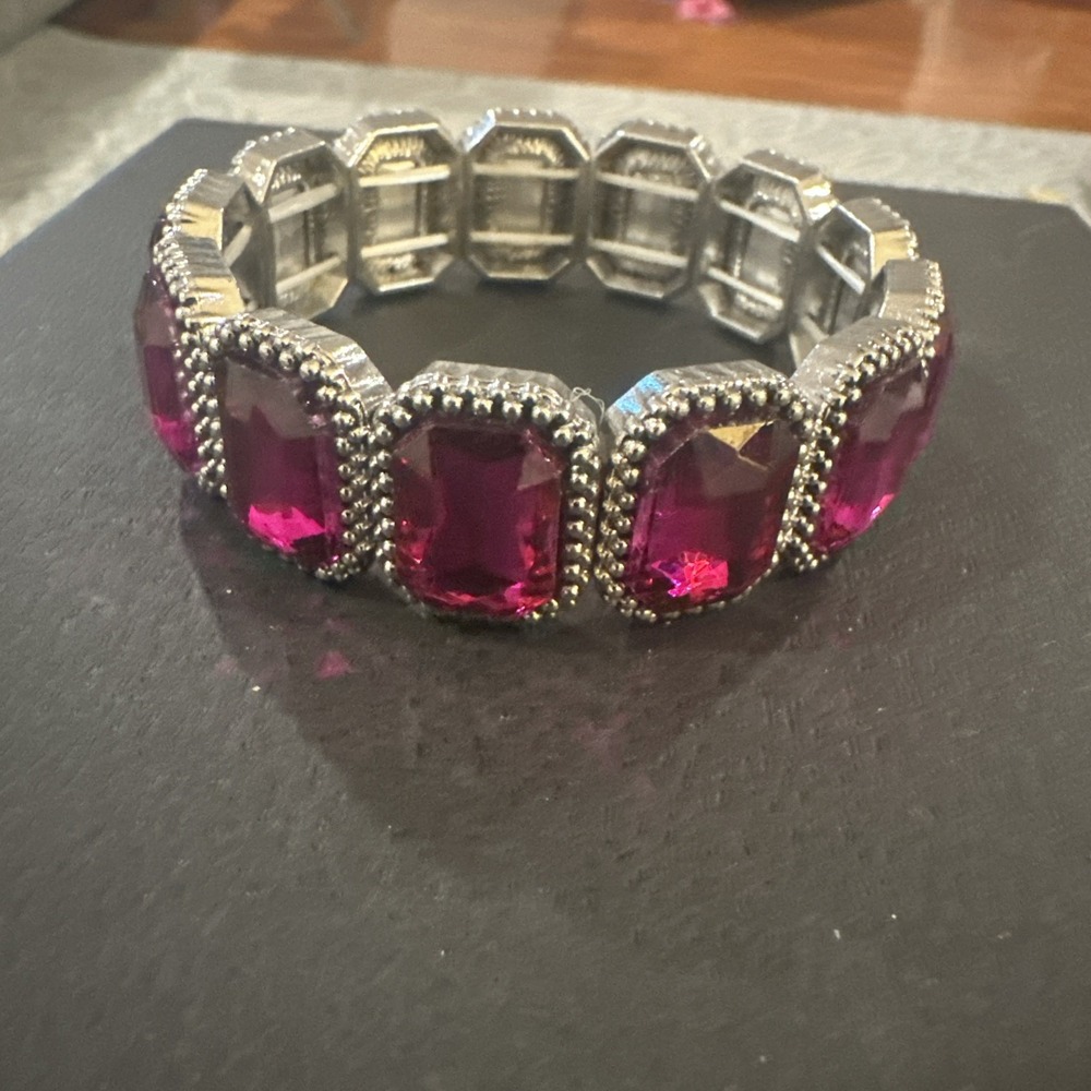 Wide Pink Fuchsia Crystal Rhinestone Stretch‎ Bridal Pageant Prom Bracelet